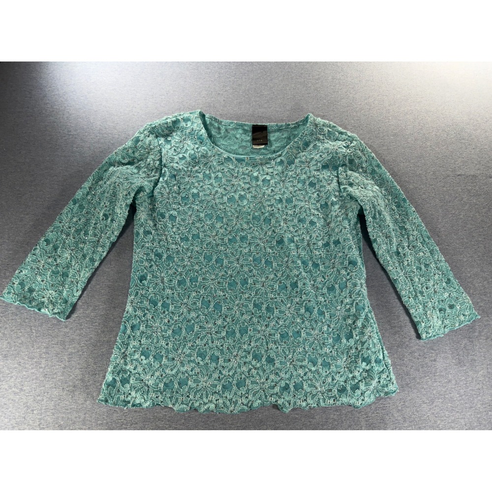 J.T.B. Womens XL Turquoise Floral Lace Glitter Top 3/4 Sleeve Scoop Neck 320619M